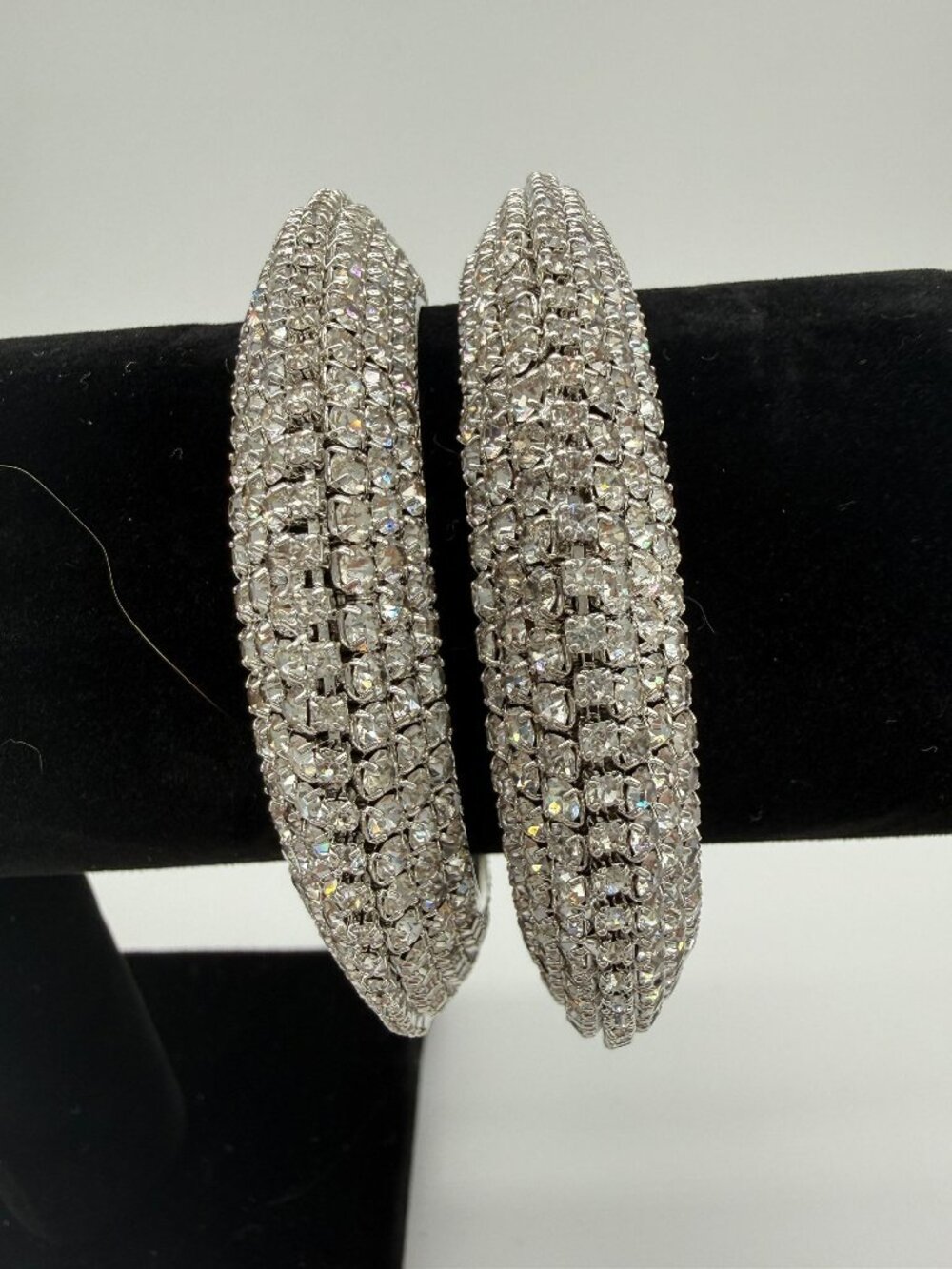 Sparkling Crystal Statement Bangles – Silver Tone (Set of 2)